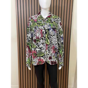 Coldwater Creek Women's 1X White Artsy Cotton Jacket Beach Tropical Hawaiian